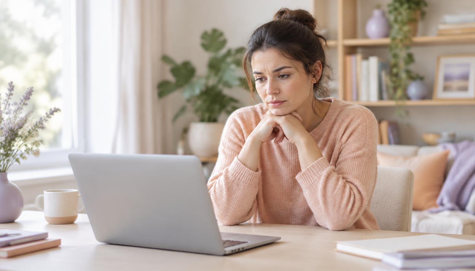 A job seeker pausing at her laptop to reconsider her search